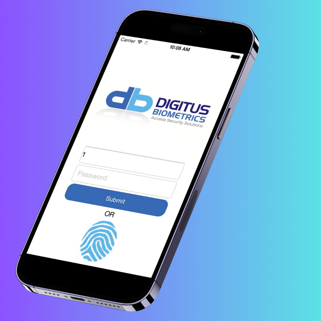Digitus Biometrics iOS app login screen shown on an iPhone with fingerprint authentication.