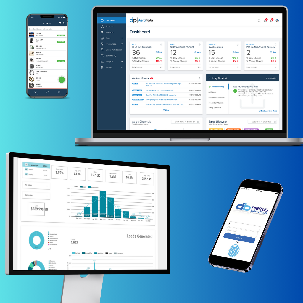 Collage of software projects: AeroParts dashboard on a laptop, analytics on a desktop monitor, and a mobile inventory app.