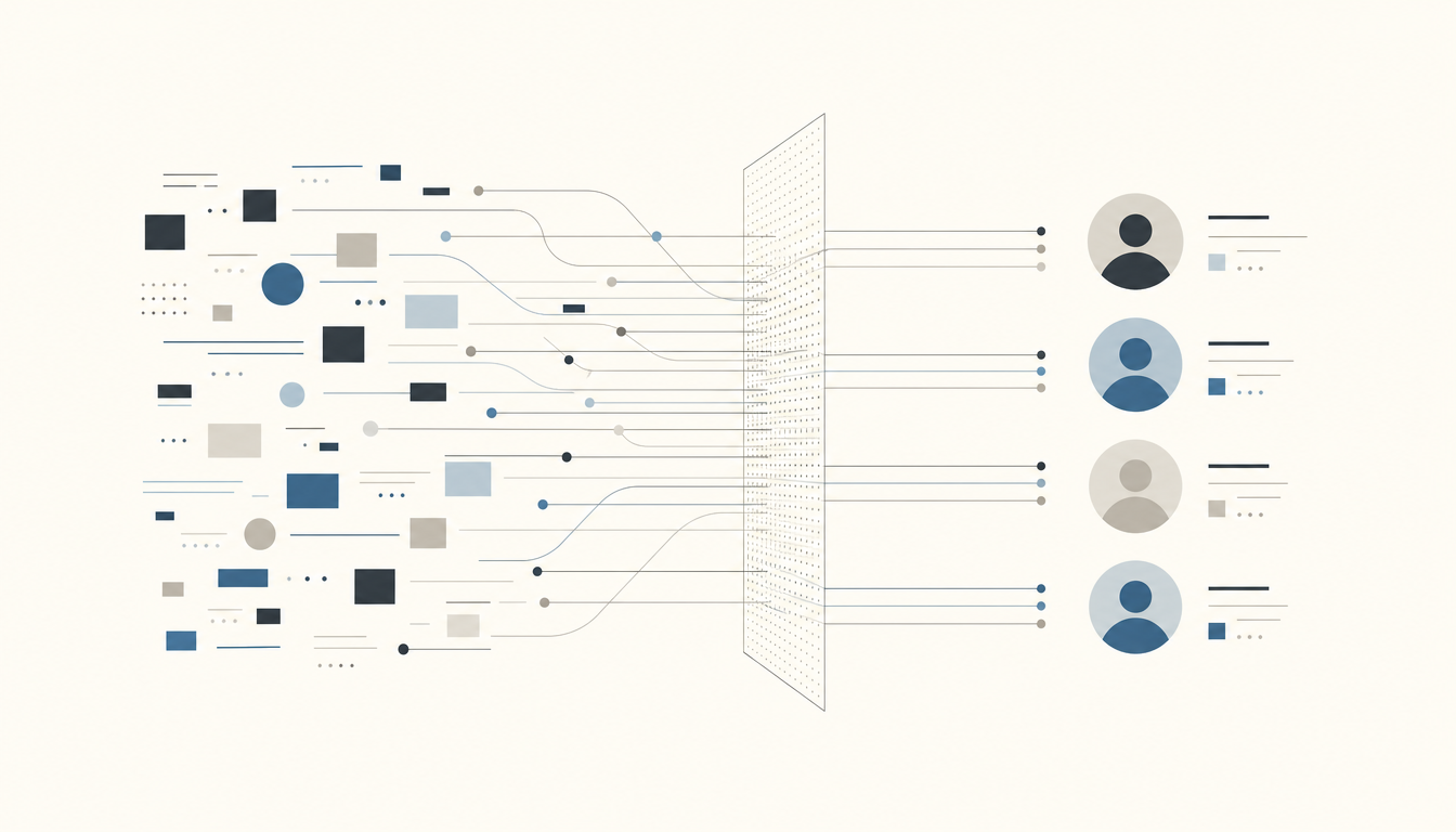 Abstract editorial illustration of fragmented data records flowing through an identity-resolution layer and emerging as unified customer profiles.
