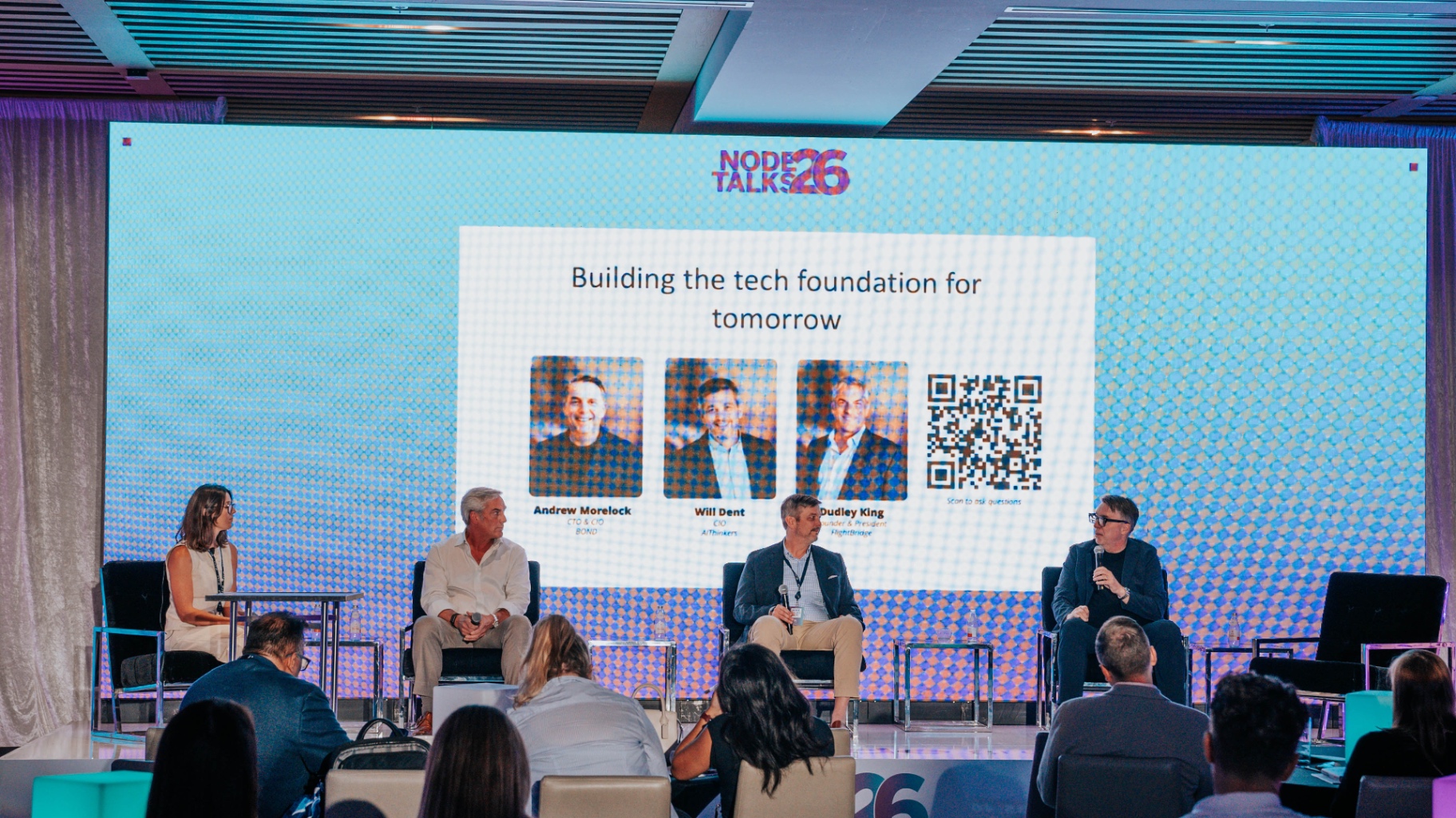 Will Dent, Andrew Morelock, and Dudley King on the Node Talks 26 panel with moderator Alex Hanrahan, discussing the practical foundations for AI adoption.
